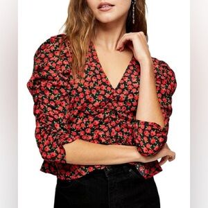 Top Shop Red Rose Floral Print Ruched Puff Sleeve Ruffle Hem Bow Tie Top Sz 10